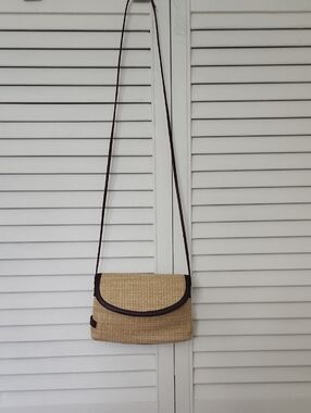 Woven Straw Crossbody Bag with Dark Brown Trim